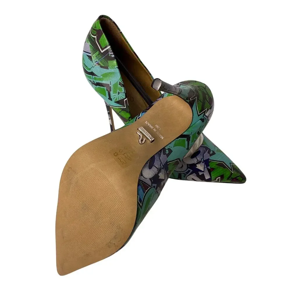 CARRANO Loretta Pumps Stiletto Heel Womens 8M Leather Graffiti Green Pointed Toe